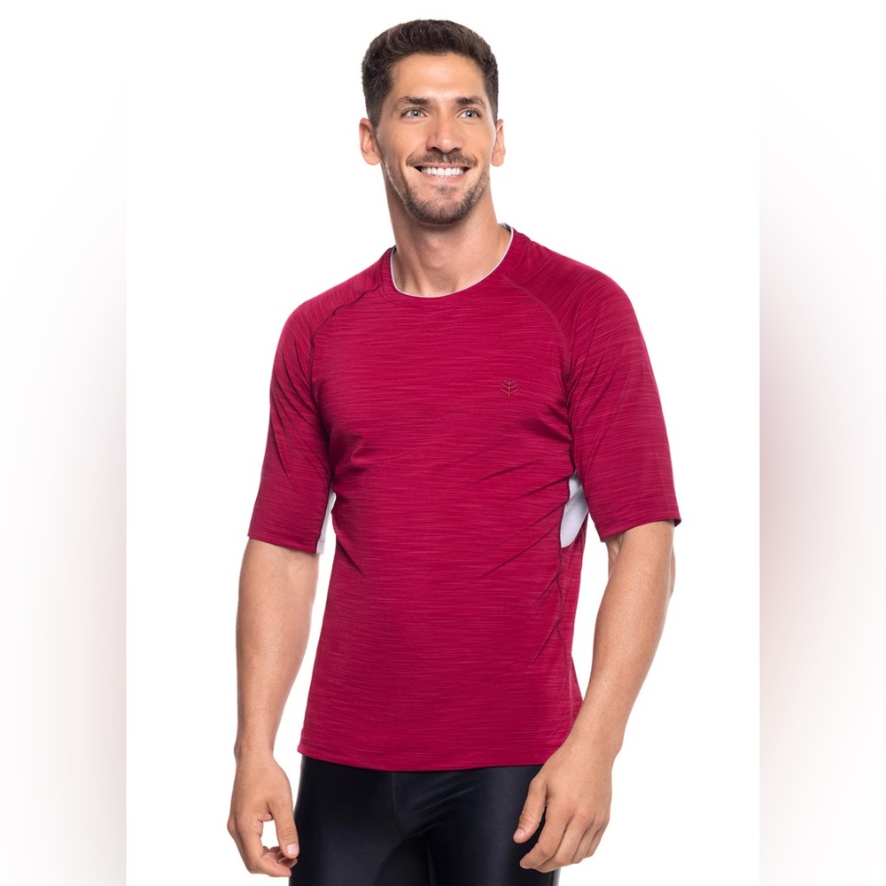 Coolibar Men's Ultimate Short Sleeve Rash Guard Grenada Red Line M NWT UPF50